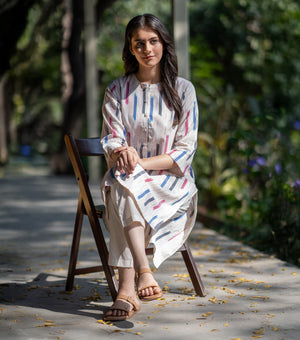 Multicolored Woven Cotton Ikat Kurta Set