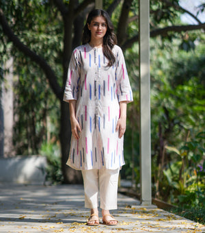 Multicolored Woven Cotton Ikat Kurta Set