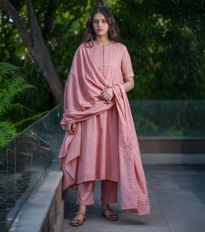 Peach Cotton Woven A-line Kurta Set