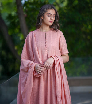Peach Cotton Woven A-line Kurta Set