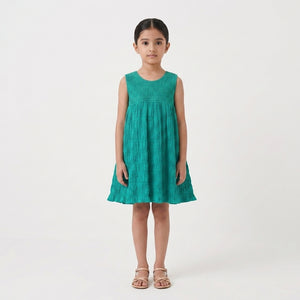 Green Smocked Cotton Dress For Girls