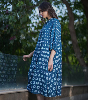 Blue Cotton Printed A-line Shirt Dress