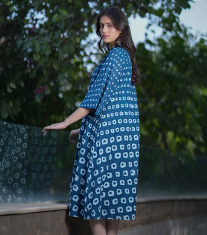 Blue Cotton Printed A-line Shirt Dress
