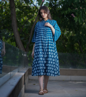 Blue Cotton Printed A-line Shirt Dress
