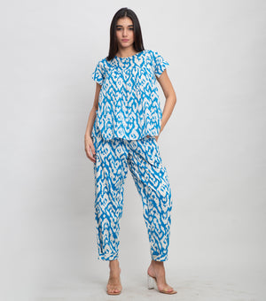 Sky Blue Cotton Printed Top with pintucks On Yoke & Thread Detail On Sleeves