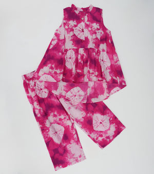 Magenta Printed Cotton Top with Pants Co-ord Set for Girls