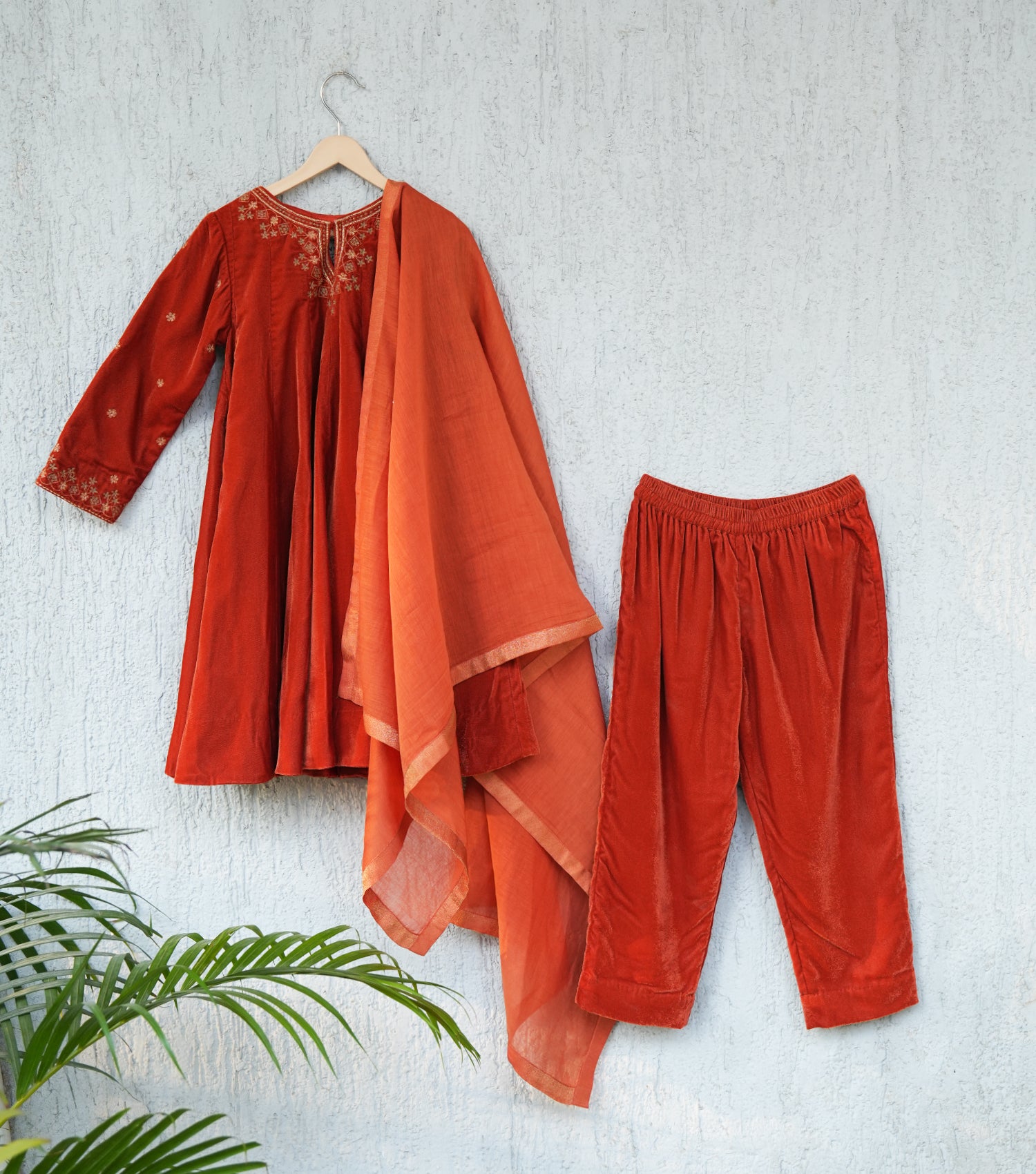 Rusty Orange Embroidered Velvet A-line Kurta Set with Pants & Dupatta for Girls