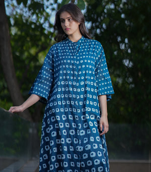 Blue Cotton Printed A-line Shirt Dress