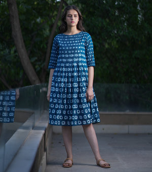 Blue Cotton Printed Pleated Fitted Dress