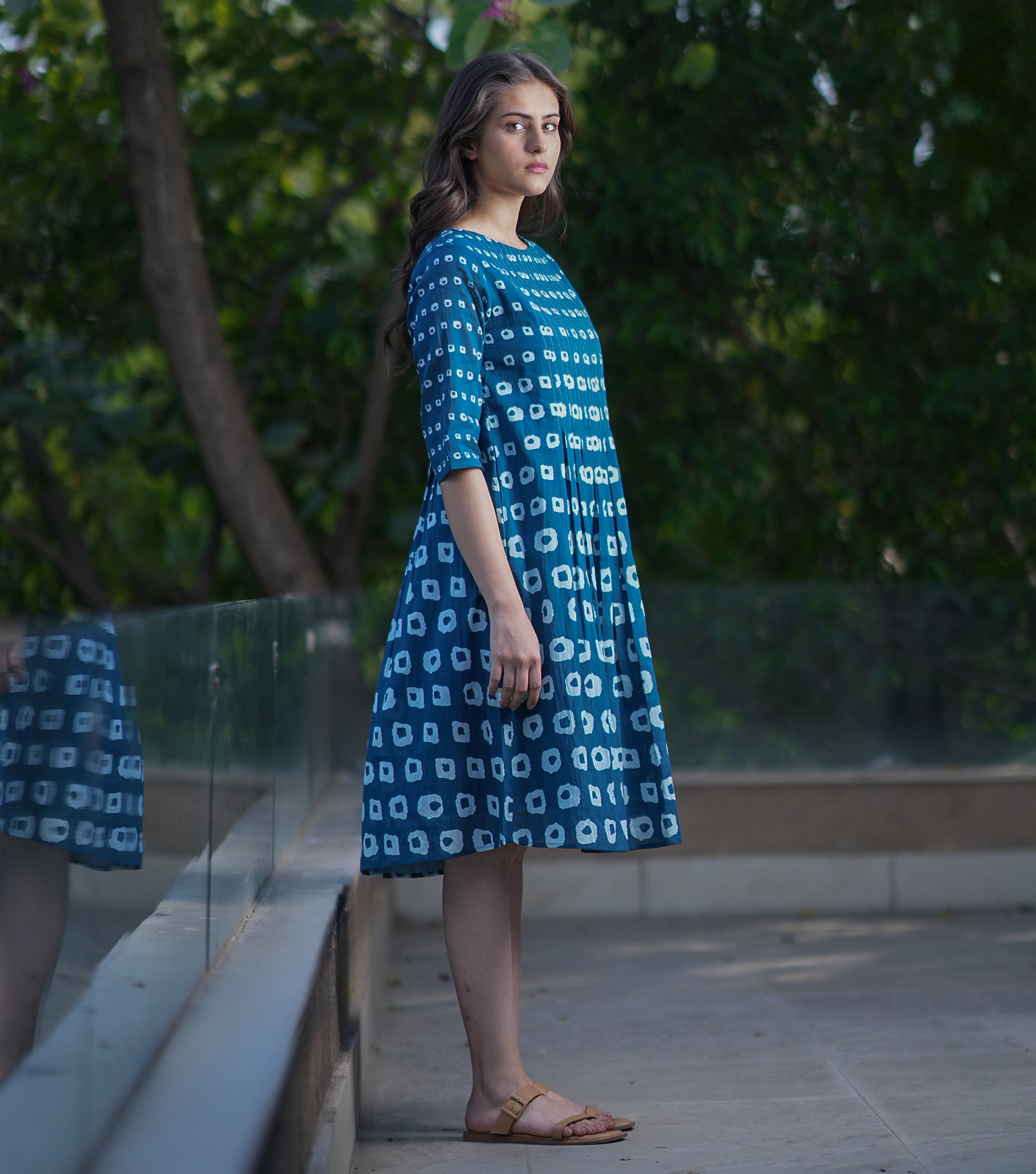Blue Cotton Printed Pleated Fitted Dress