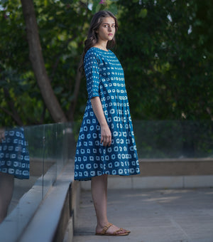 Blue Cotton Printed Pleated Fitted Dress