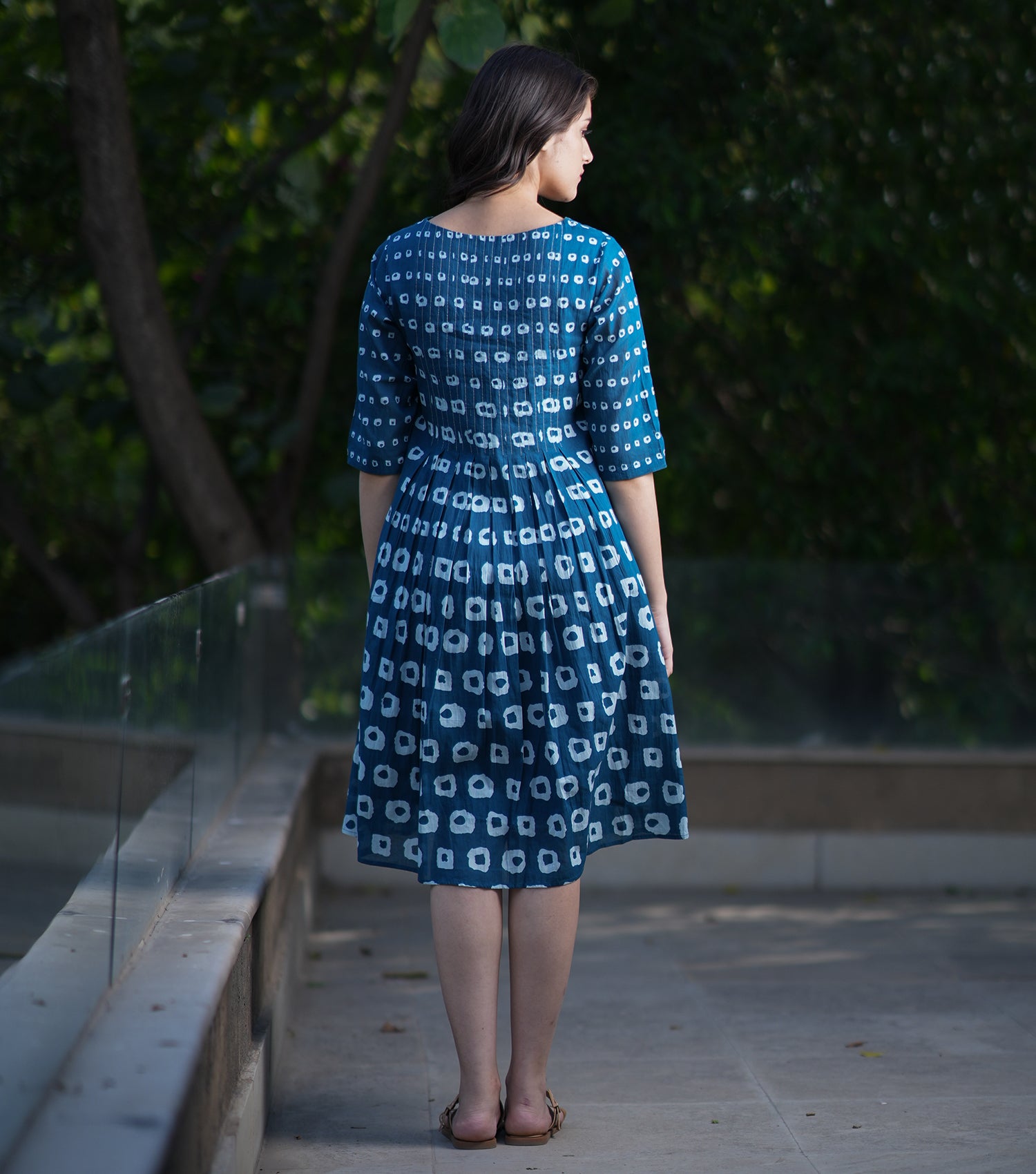 Blue Cotton Printed Pleated Fitted Dress