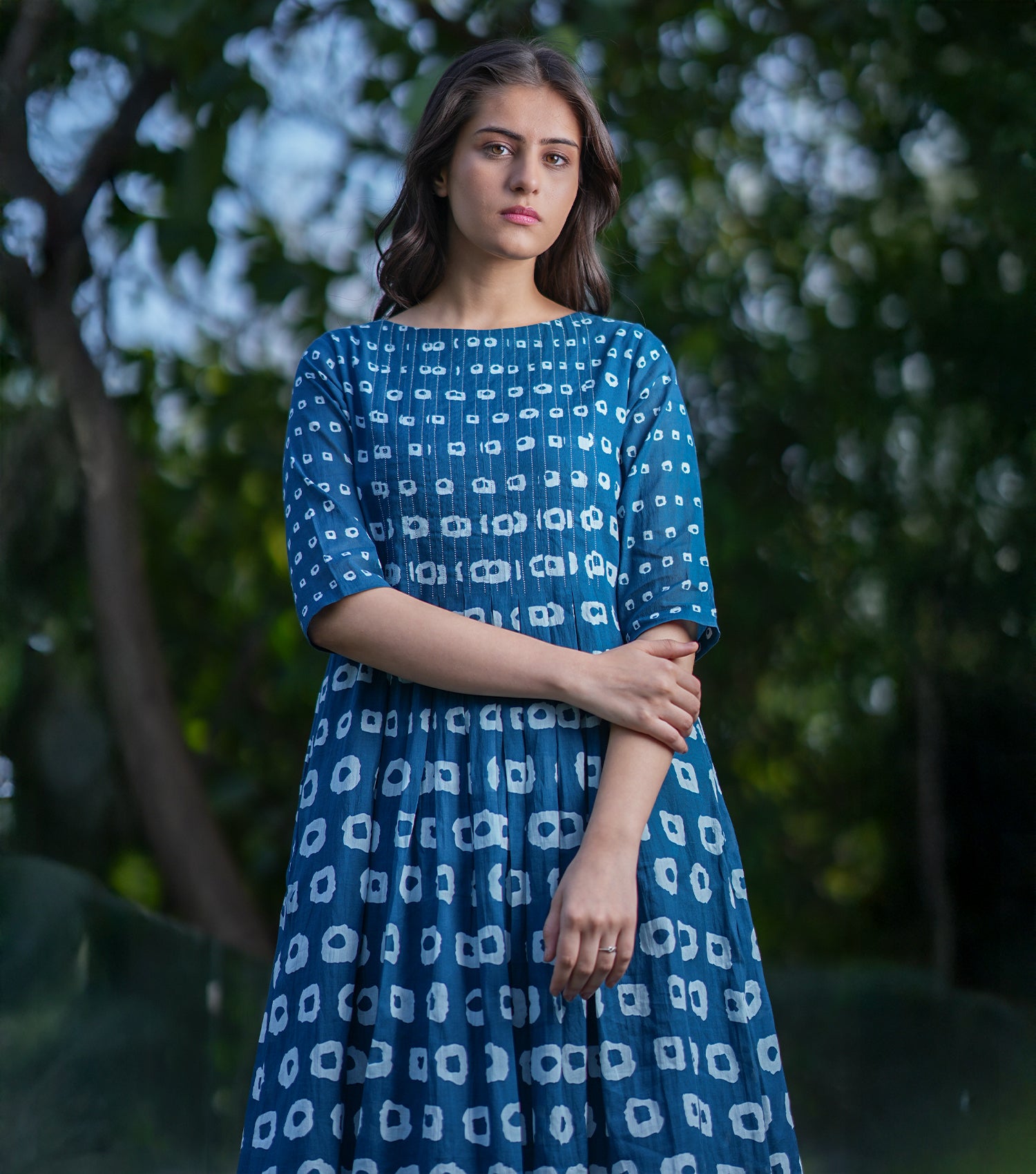 Blue Cotton Printed Pleated Fitted Dress