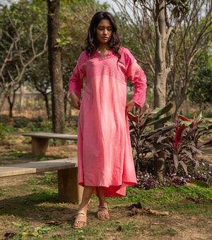 Pink Striped Woven Cotton Dress
