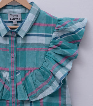 Sea Green Cotton Woven Dress for Girls