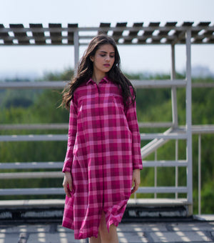 Magenta Pink Woven Cotton Shirt Dress