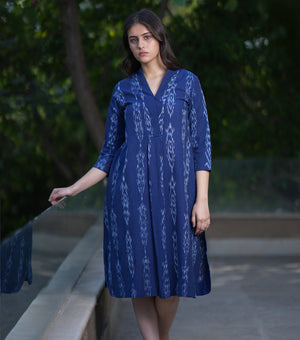 Navy Woven Ikat Cotton Kurta Set