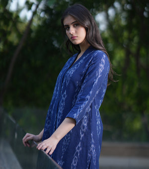 Navy Woven Ikat Cotton Kurta Set
