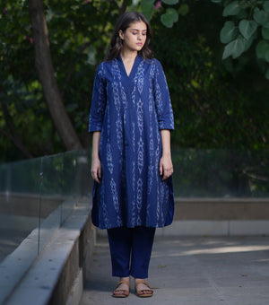 Navy Woven Ikat Cotton Kurta Set