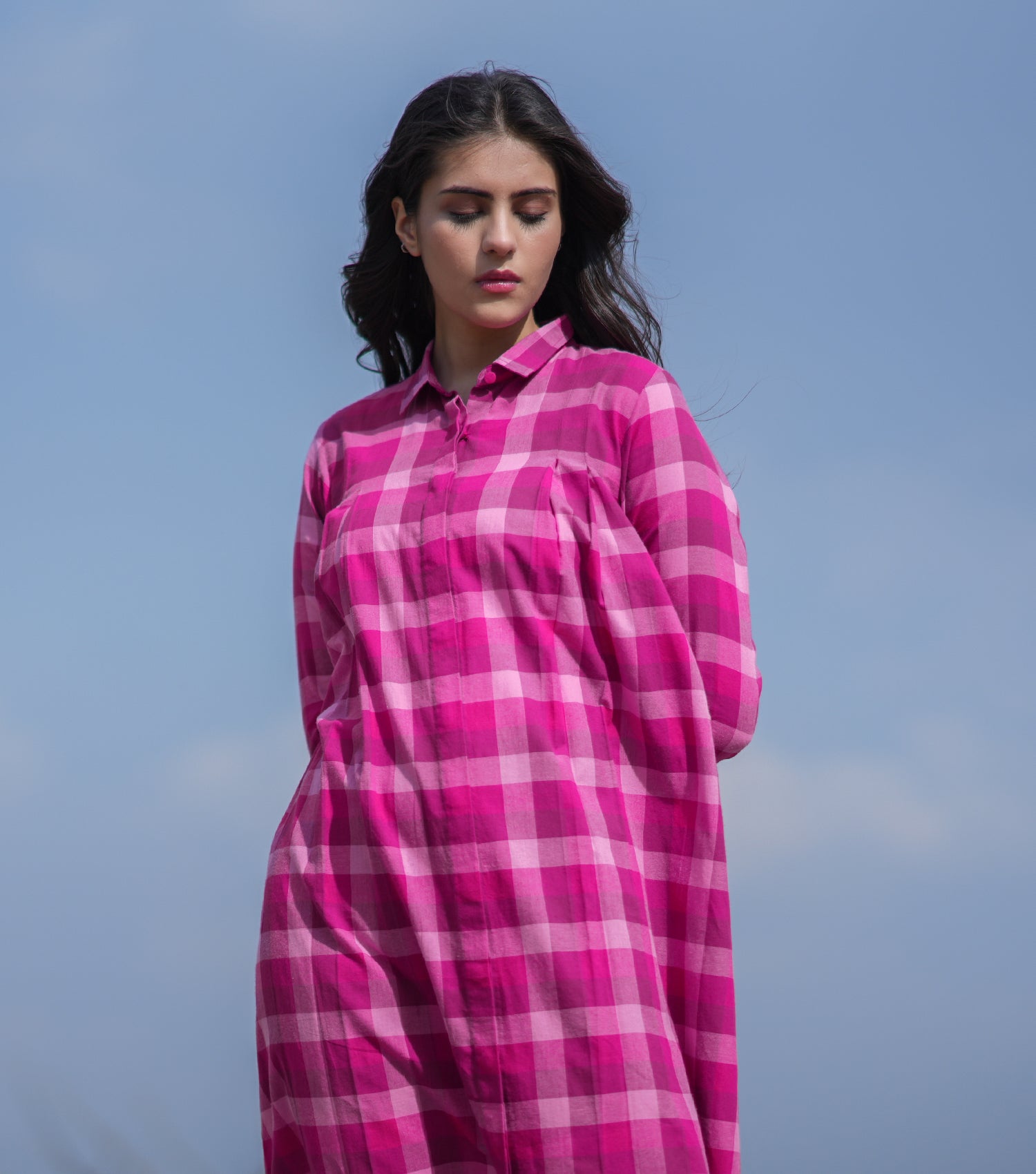 Magenta Pink Woven Cotton Shirt Dress
