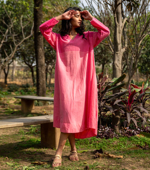 Pink Striped Woven Cotton Dress