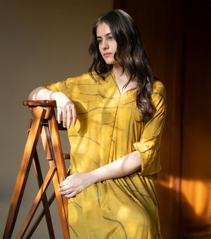 Mustard Soft Cotton Silk Printed Kaftan Dress