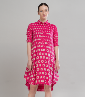 Pink Cotton Printed A-line Shirt Dress