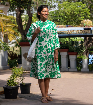 Green Floral Printed Cotton Shirt Dress