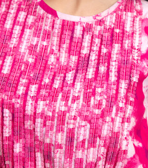 Magenta Printed Midi Dress with Pleated Pintuck Yoke