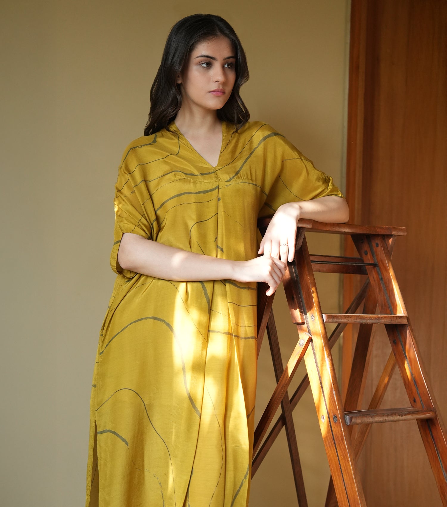 Mustard Soft Cotton Printed Kaftan Dress