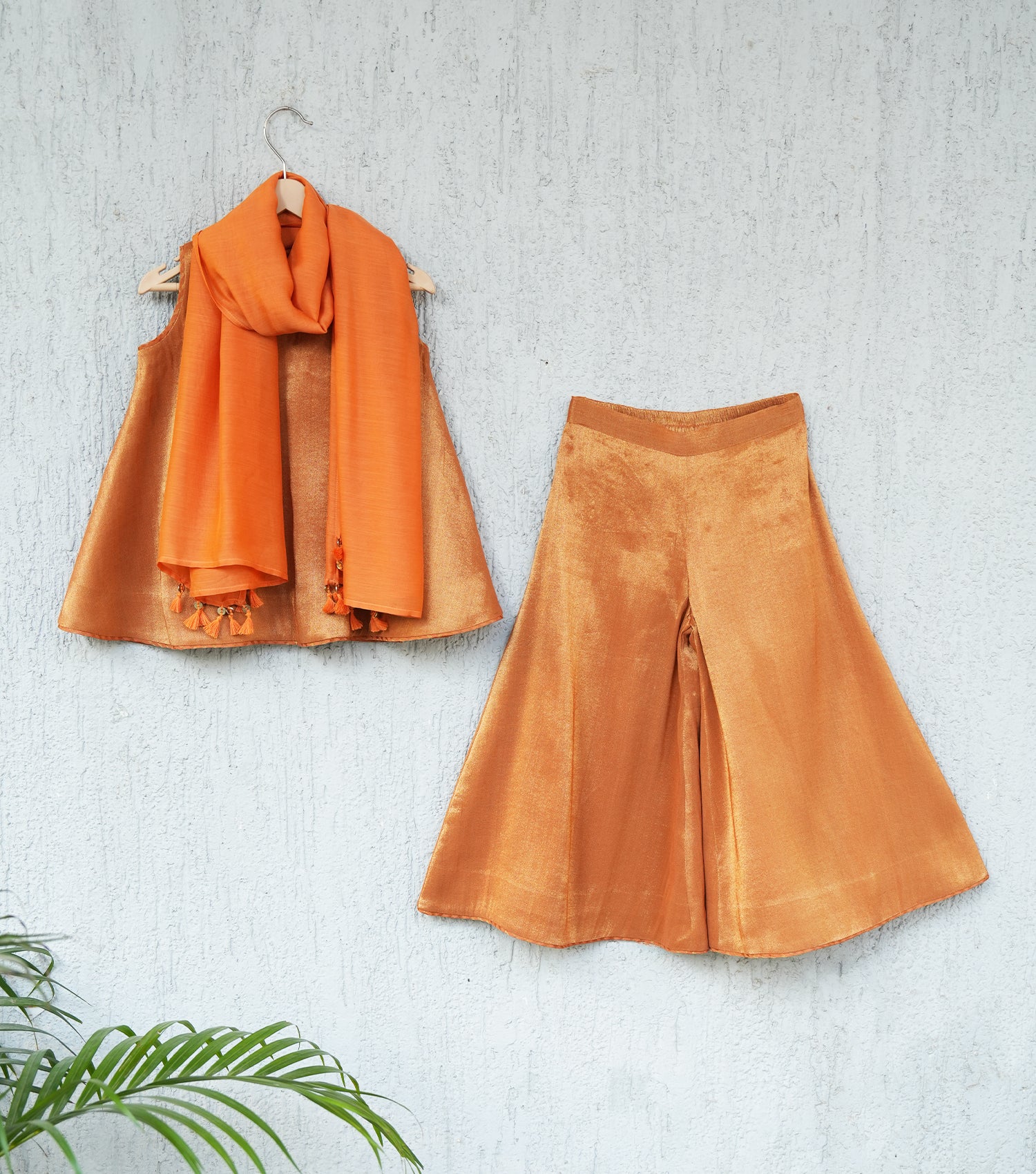 Orange Tissue Sharara Set with Kurti & Dupatta for Girls