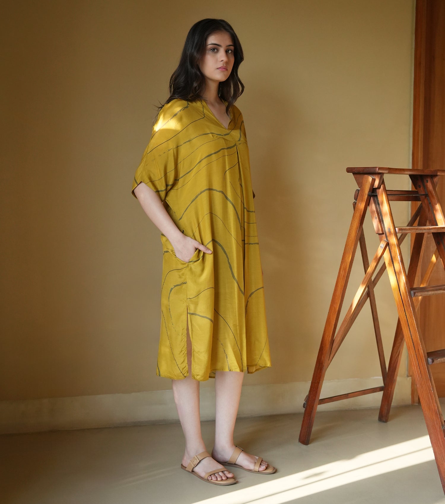 Mustard Soft Cotton Printed Kaftan Dress
