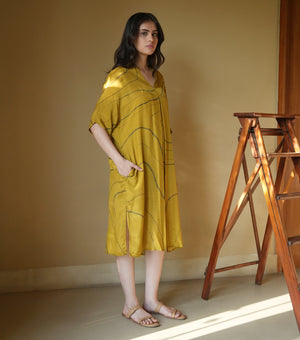 Mustard Soft Cotton Silk Printed Kaftan Dress