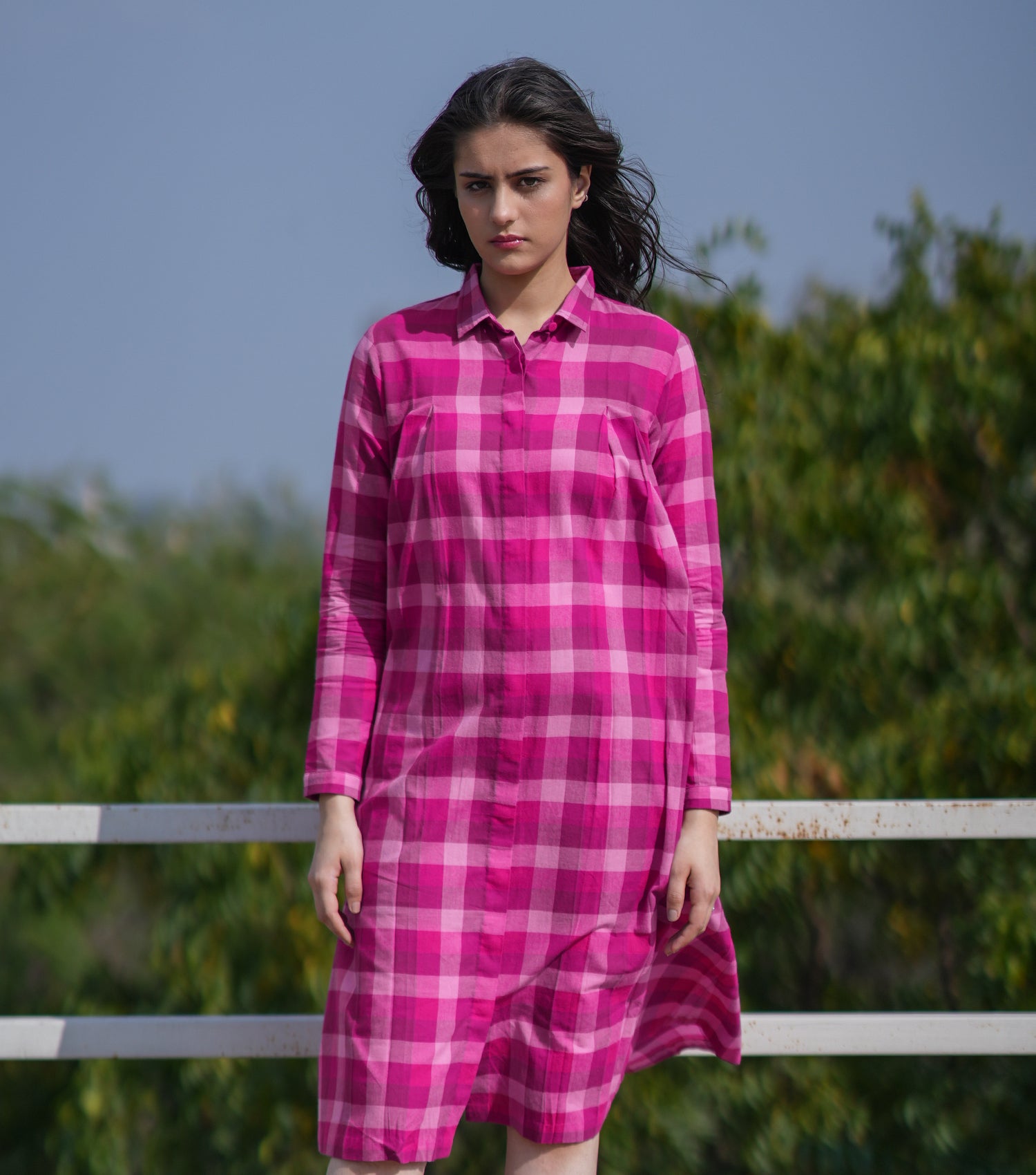 Magenta Pink Woven Cotton Shirt Dress