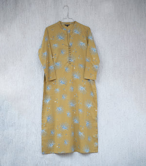 Mustard Printed Cotton Kurta