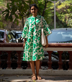 Green Floral Printed Cotton Shirt Dress