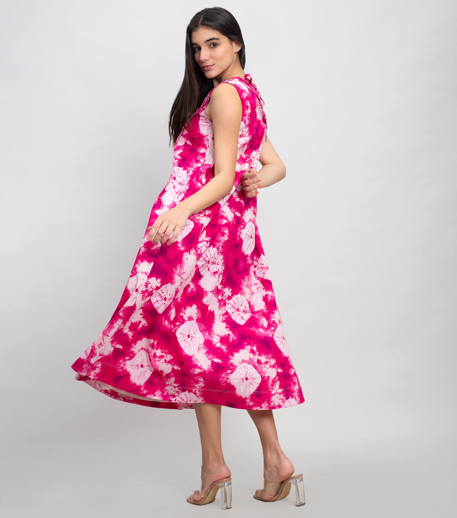 Magenta Printed Midi Dress with Pleated Pintuck Yoke