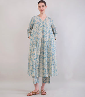 Beige & Blue Printed Woven Cotton Kurta Set