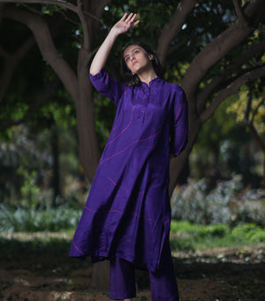 Purple Printed Cotton Silk Kurta with Pants - Set of 2
