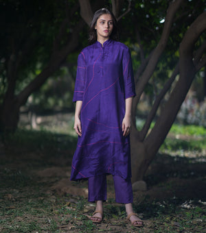 Purple Printed Cotton Silk Kurta with Pants - Set of 2