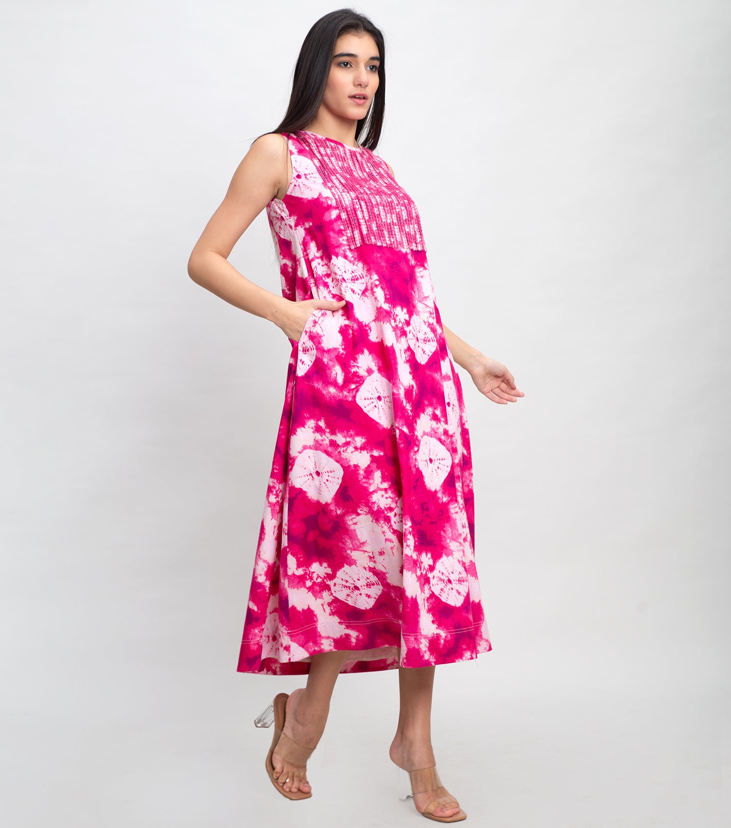 Magenta Printed Midi Dress with Pleated Pintuck Yoke