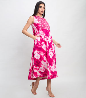 Magenta Printed Midi Dress with Pleated Pintuck Yoke