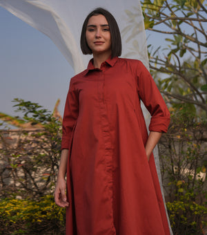 Rust Red Poplin Asymmetrical Shirt Dress