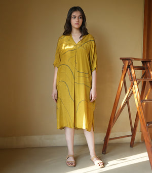 Mustard Soft Cotton Silk Printed Kaftan Dress