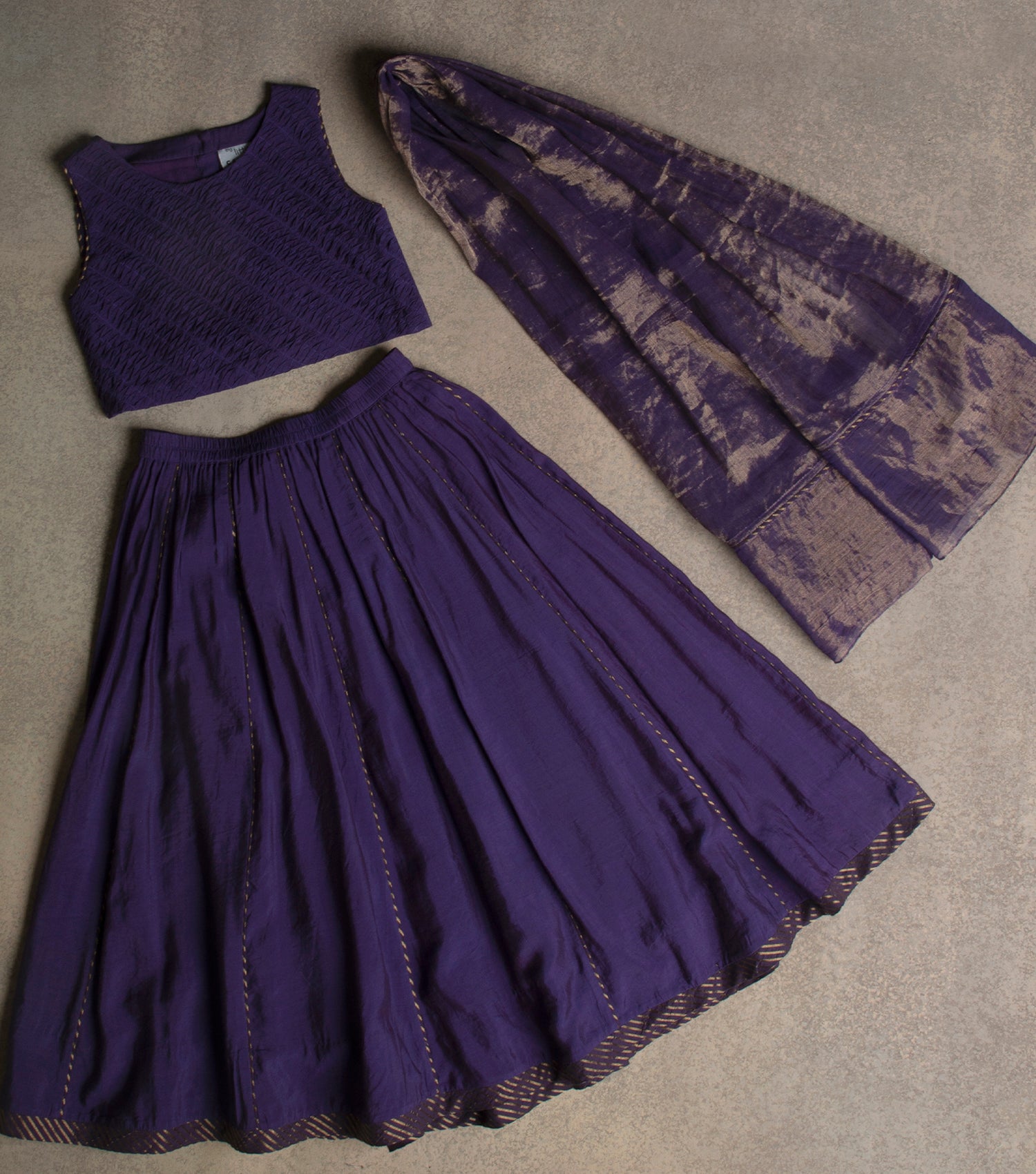 Purple Chanderi Blouse, Lehenga Skirt & Tissue Dupatta Set