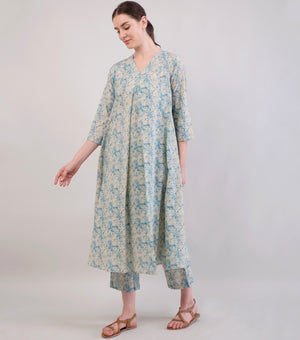 Beige & Blue Printed Woven Cotton Kurta Set