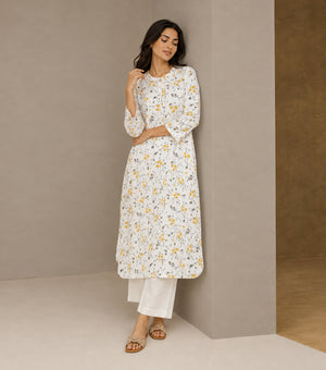 Yellow Printed Cotton Kurta