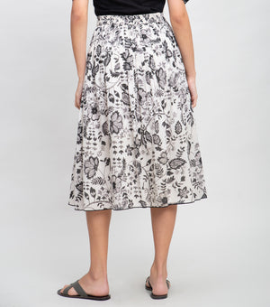 Off White Cotton Printed Skirt With Pleats On The Waistline