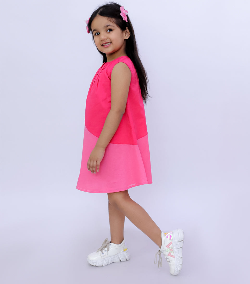 COLOR BLOCK MAGENTA SLEEVELESS DRESS FOR GIRLS