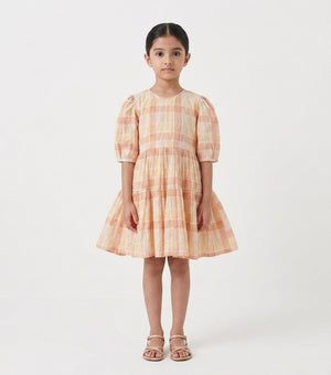 Beige Checked Cotton Dress For Girls